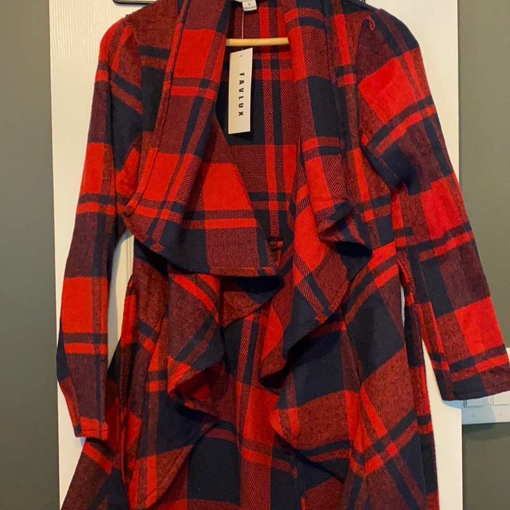 *NEVER WORN* Red/Navy Buffalo plaid cardigan